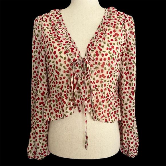 Nasty Gal Cherry Print Sheer Crop Top Size 8 Chiffon Ruffled Whimsical Romantic - Picture 1 of 16